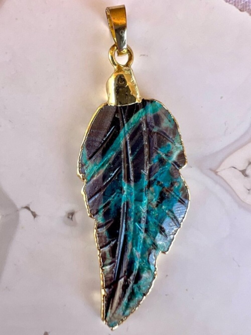 Vintage Carved Ocean Jasper Stone Leaf Pendant with 10K Gold Plated Edge